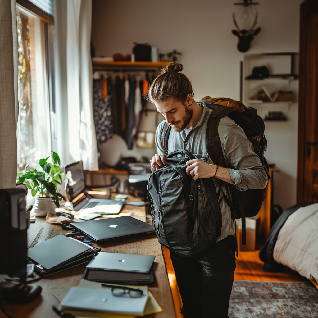 Young designer packing a backpack